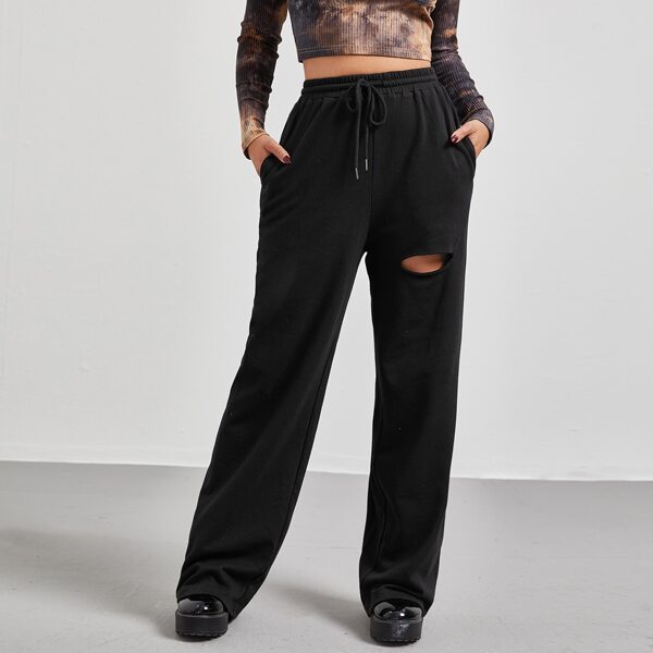 

Drawstring Waist Ripped Detail Joggers, Black
