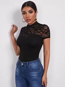 Firerie Mock-Neck Geo Mesh Yoke Black Tee - Black - View 3