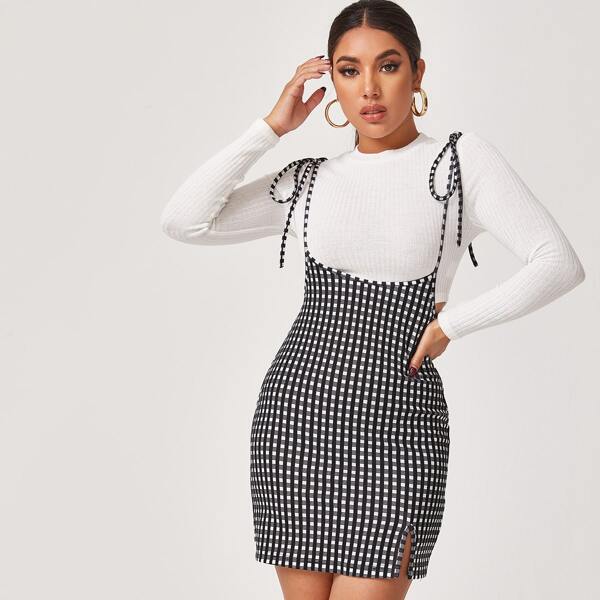 

Split Hem Gingham Overall Dress, Black and white