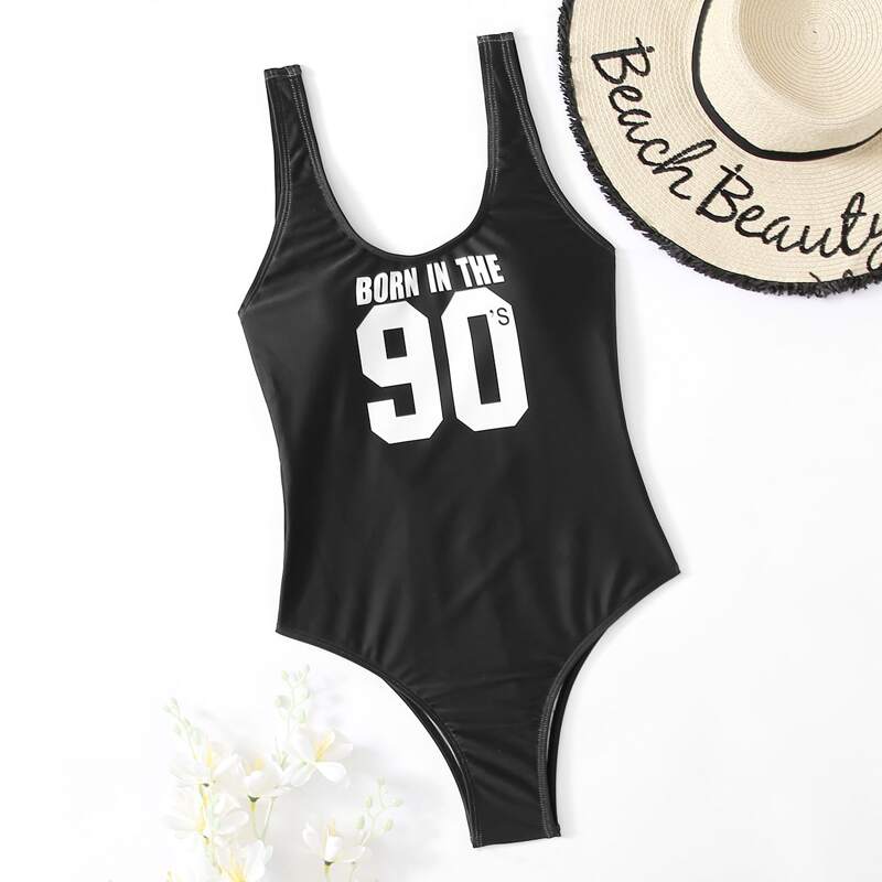 

Letter Graphic Tank One Piece Swimsuit, Black