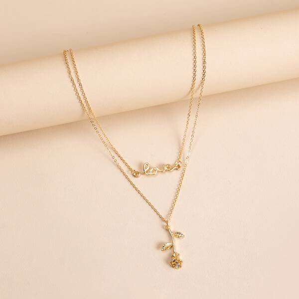 

Letter & Flower Charm Layered Necklace, Gold