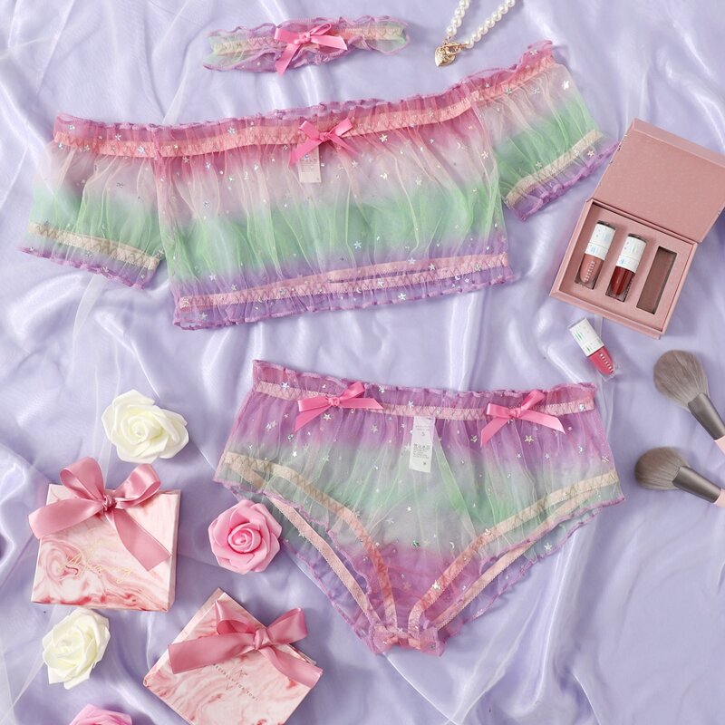 

Star Sequin Ombre Mesh Lingerie Set & Choker, Multicolor