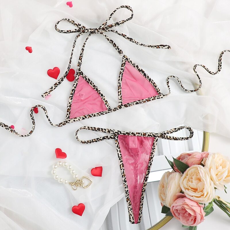 

Leopard Trim Triangle Thong Lingerie Set, Multicolor