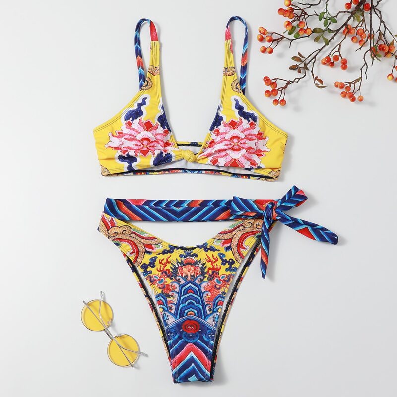 

Chinese Dragon Print Tie Bikini Swimsuit, Multicolor
