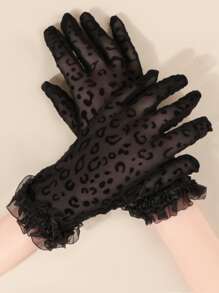 1 par de guantes de encaje con estampado de leopardo, guantes de invierno elásticos unisex, guantes forrados de felpa cálidos de moda estilo Street Y2K - Negro - Ver 1