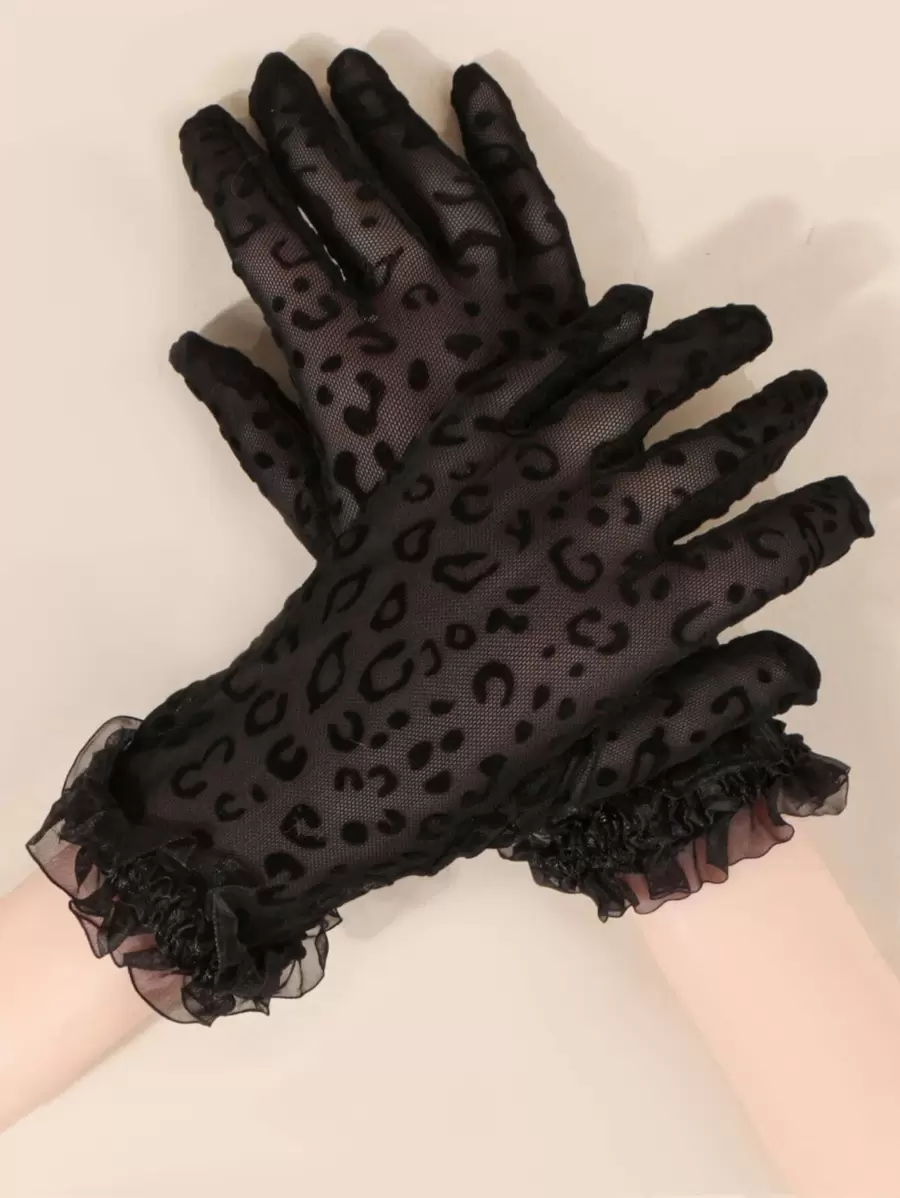 1 par de guantes de encaje con estampado de leopardo, guantes de invierno elásticos unisex, guantes forrados de felpa cálidos de moda estilo Street Y2K - Negro - Ver 1
