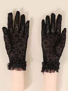 1 par de guantes de encaje con estampado de leopardo, guantes de invierno elásticos unisex, guantes forrados de felpa cálidos de moda estilo Street Y2K - Negro - Ver 2