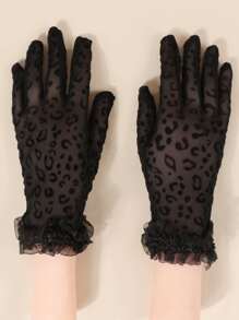 1 par de guantes de encaje con estampado de leopardo, guantes de invierno elásticos unisex, guantes forrados de felpa cálidos de moda estilo Street Y2K - Negro - Ver 3