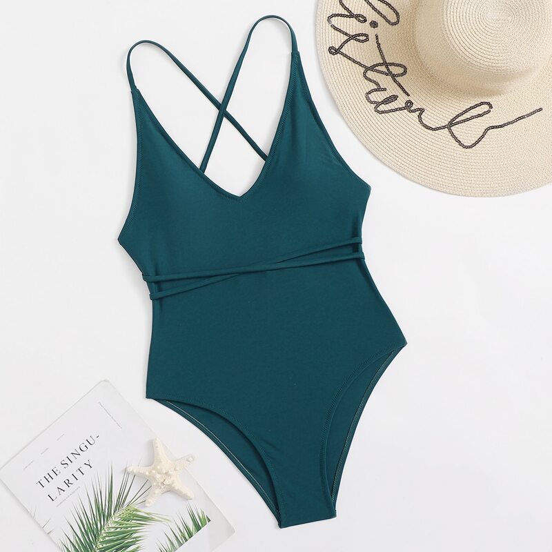 

Solid Crisscross Cami One Piece Swimsuit, Teal blue