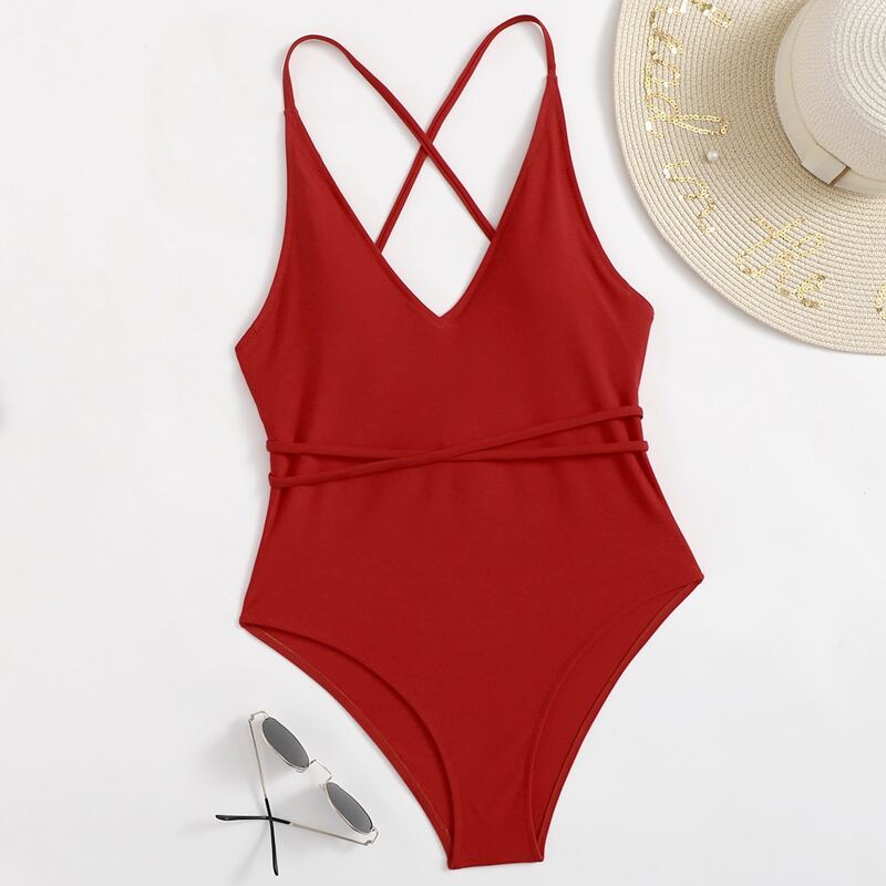 

Solid Crisscross Cami One Piece Swimsuit, Red