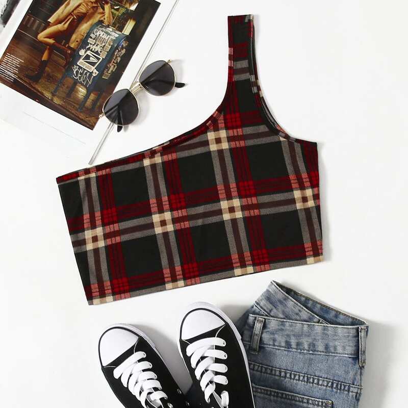 

One Shoulder Plaid Print Crop Top, Multicolor