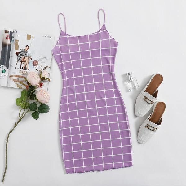 

Lettuce Trim Grid Bodycon Dress, Lilac purple