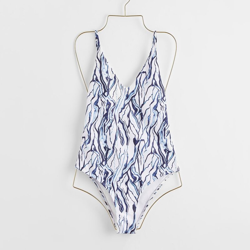 

Graphic Cami One Piece Swimsuit, Blue and white