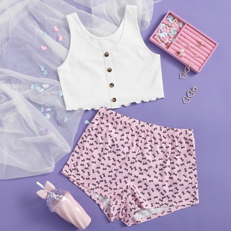 

Ribbed Tank & Allover Print Shorts PJ Set, Multicolor