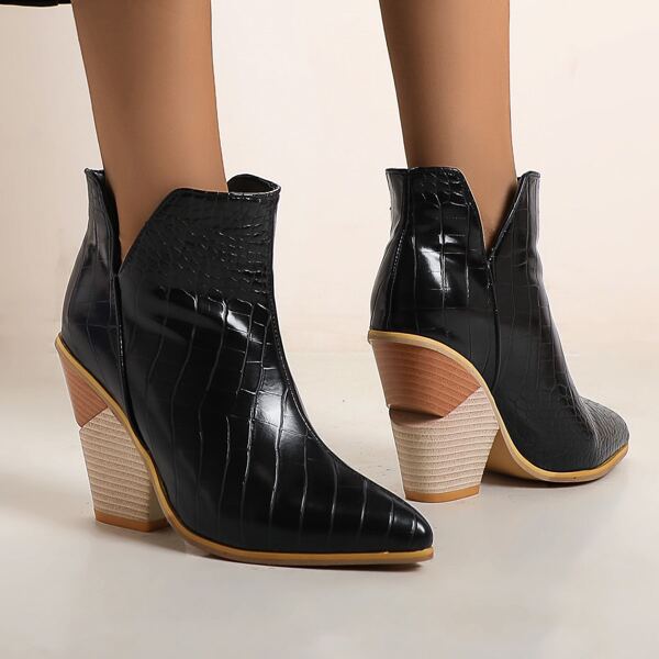 

Croc Embossed V-cut Ankle Boots, Black