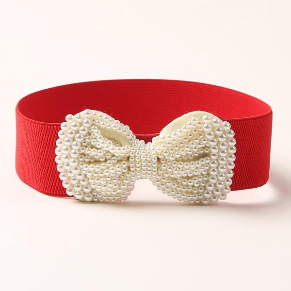 

Faux Pearl Bow Decor Elastic Belt, Red