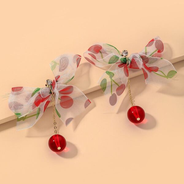 

Mesh Bow Decor Bead Drop Earrings, Red