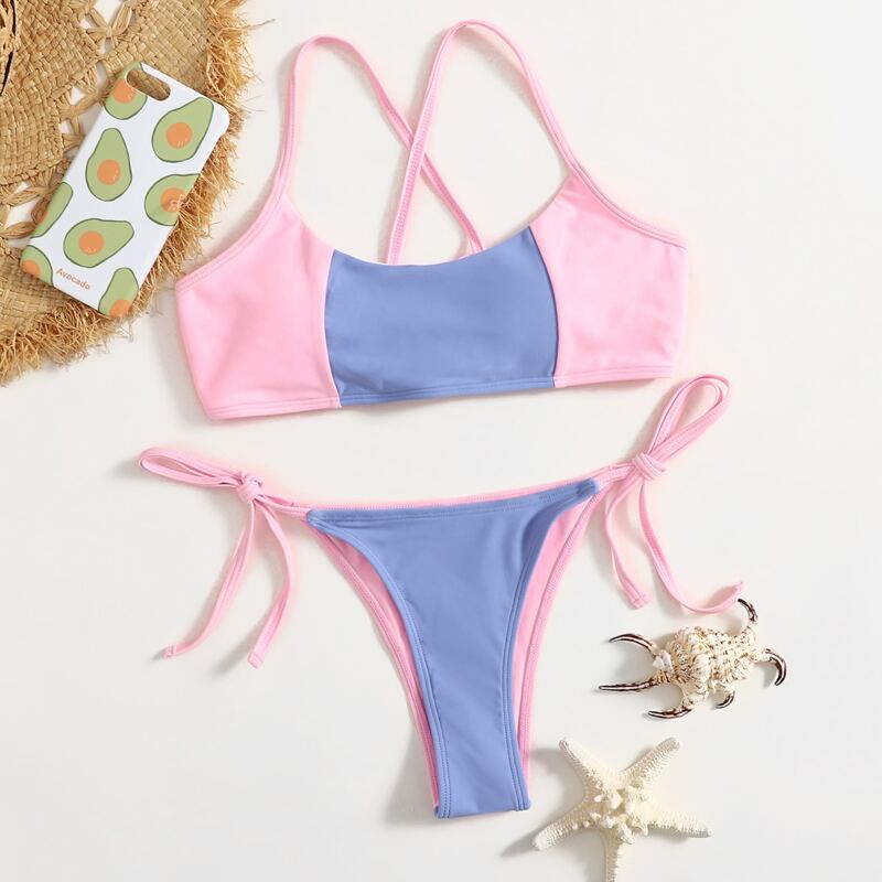 

Colorblock Lace-up Back Bikini Swimsuit, Multicolor