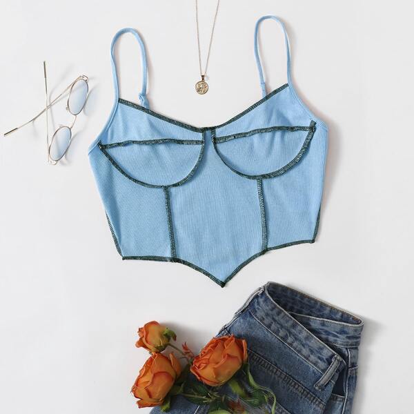 

Contrast Stitch Asymmetrical Hem Cami Top, Baby blue