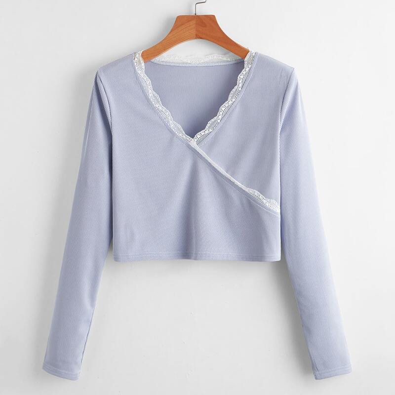 

Contrast Lace Wrap Crop Tee, Lilac purple