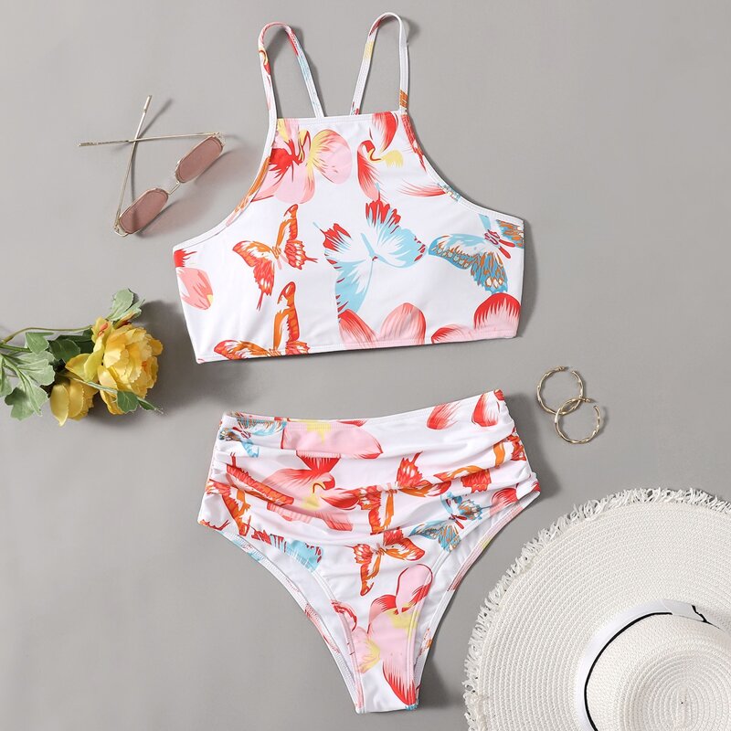 

Butterfly Print Lace-up Bikini Swimsuit, Multicolor