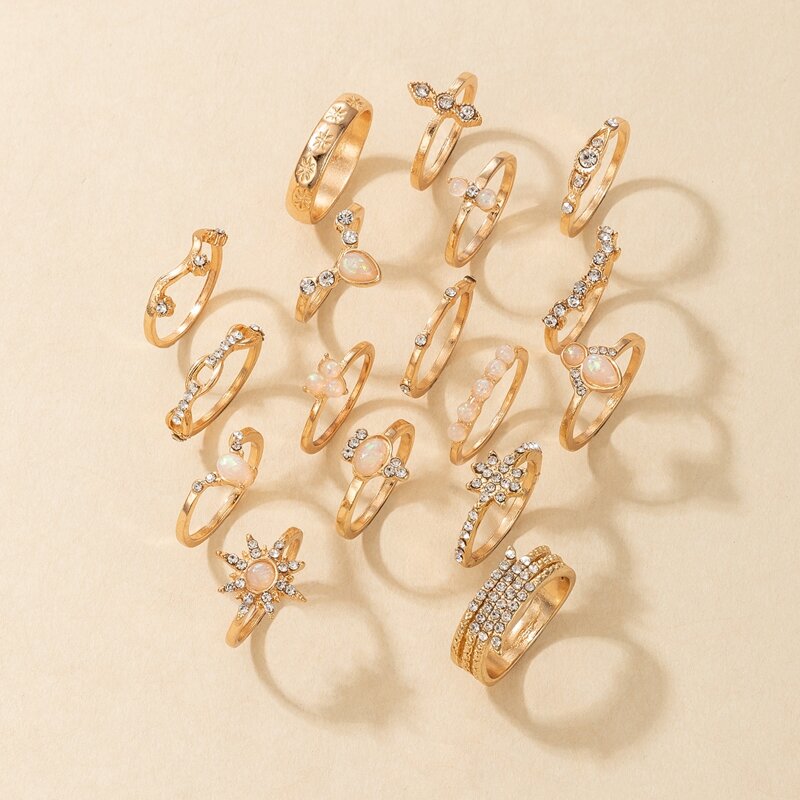 

17pcs Rhinestone Decor Ring, Gold