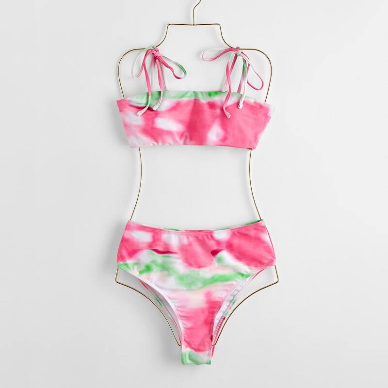 

Tie Dye Tie Shoulder Bikini Swimsuit, Multicolor