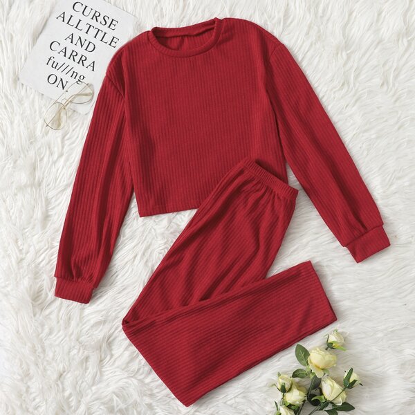 

Solid Rib-knit Lounge Set, Burgundy