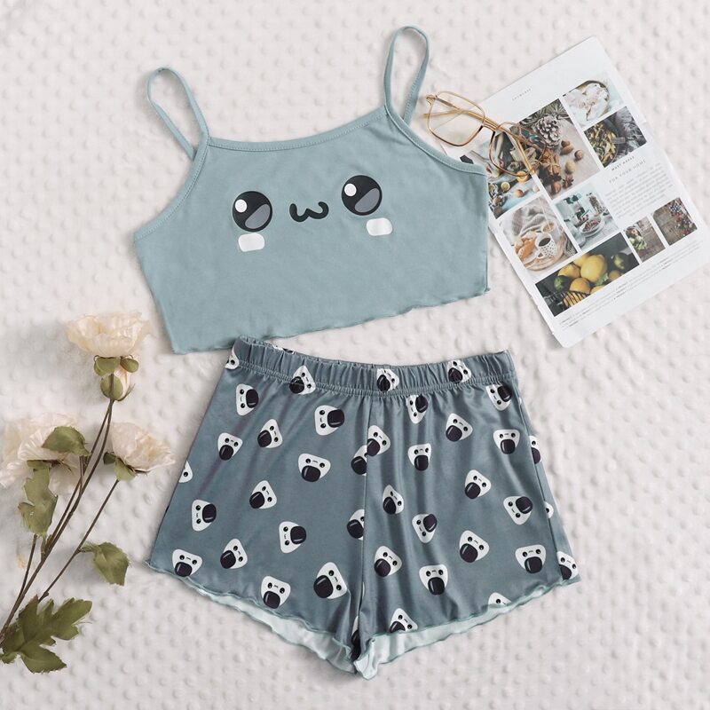 

Cartoon Graphic Lettuce Trim Cami Pajama Set, Blue