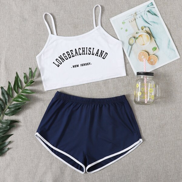 

Letter Graphic Cami Top & Track Shorts PJ Set, Blue and white