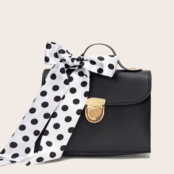 

Twilly Scarf Decor Push Lock Satchel Bag, Black