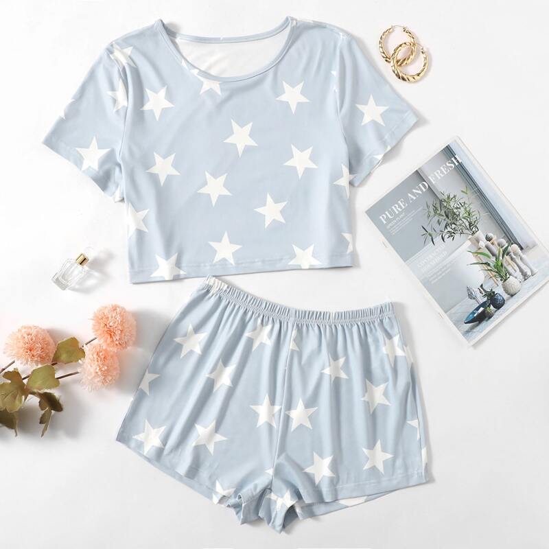 

Star Print Tee & Shorts Pajama Set, Baby blue