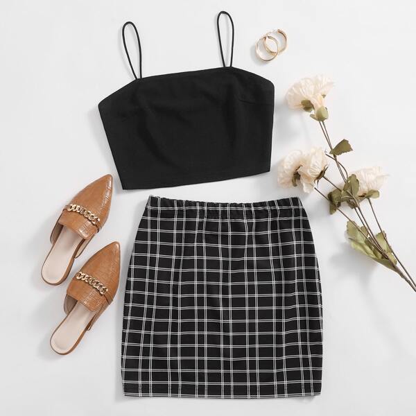 

Solid Cami Top & Plaid Skirt Set, Black