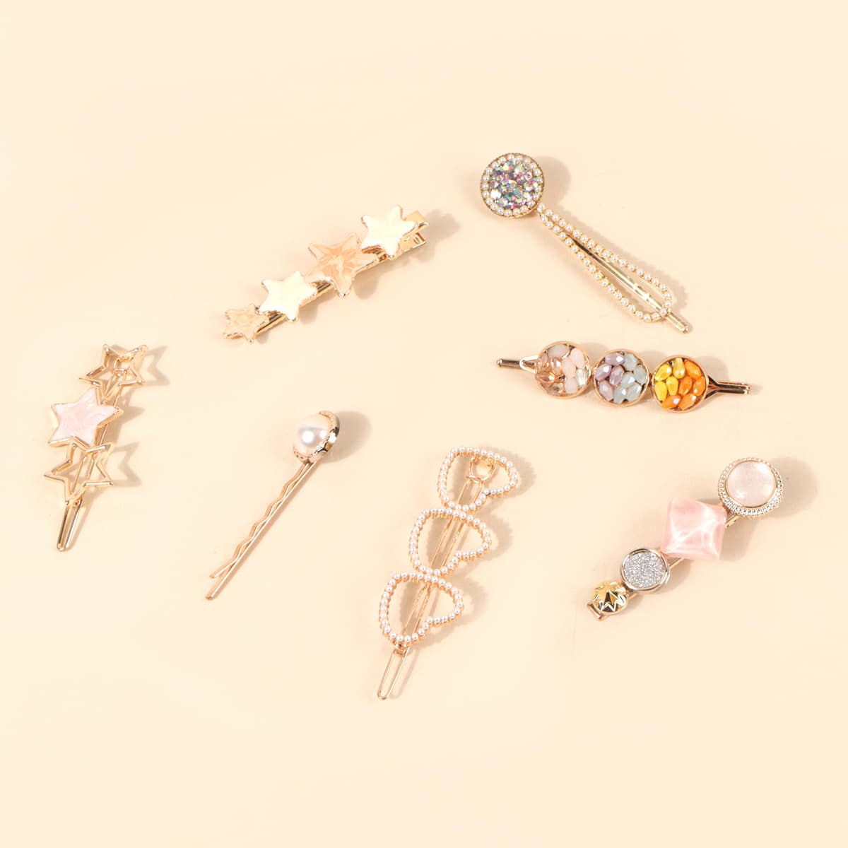 

7pcs Faux Pearl Star & Heart Hair Clip, Multicolor