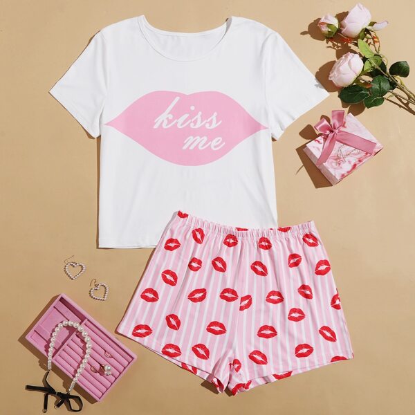 

Slogan And Lip Print Pajama Set, Multicolor
