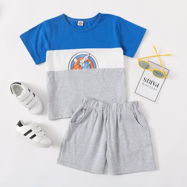 

Toddler Boys Cartoon Graphic Spliced Tee With Shorts, Multicolor