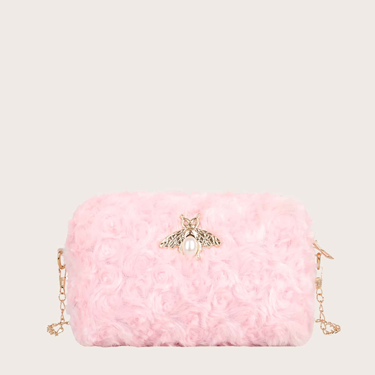 

Faux Pearl Bee Fluffy Crossbody Bag, Baby pink