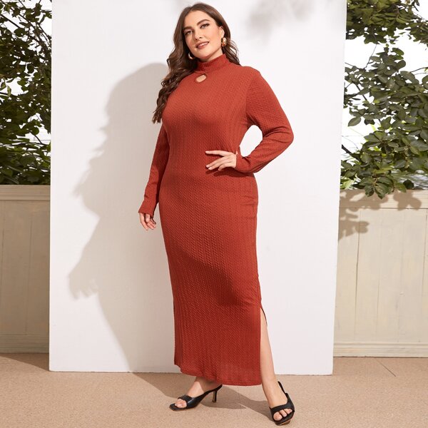 

Plus Keyhole Front Split Side Cable Knit Dress, Red