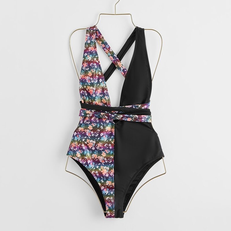 

Floral Spliced Plunging One Piece Swimsuit, Multicolor