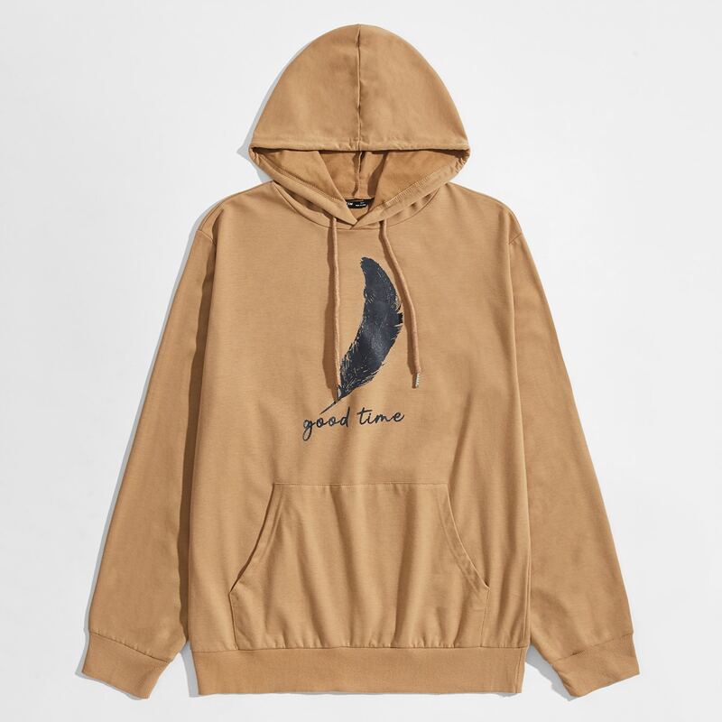 

Guys Feather & Letter Print Drawstring Hoodie, Camel