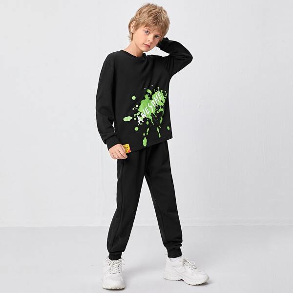 

Boys Letter and Splash Print Hoodie and Joggers Set, Black