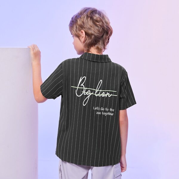 

Boys Slogan Embroidered Striped Shirt, Black