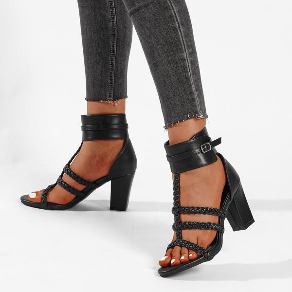 

Braided Chunky Heeled Ankle Strap Sandals, Black