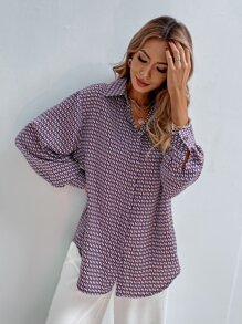 SHEIN Clasi 隱藏紐扣滿版圖案長款襯衫 - 彩色 - 查看 3