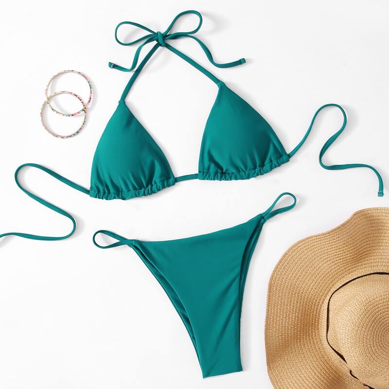 

Solid Halter Thong Bikini Swimsuit, Teal blue