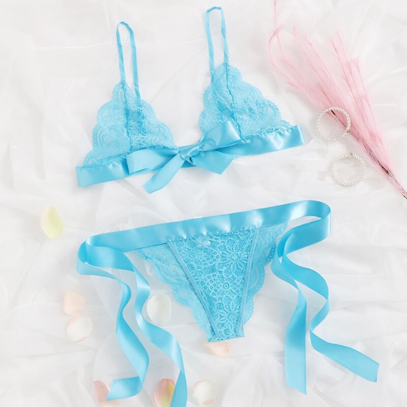 

Floral Lace Tie Side Lingerie Set, Blue