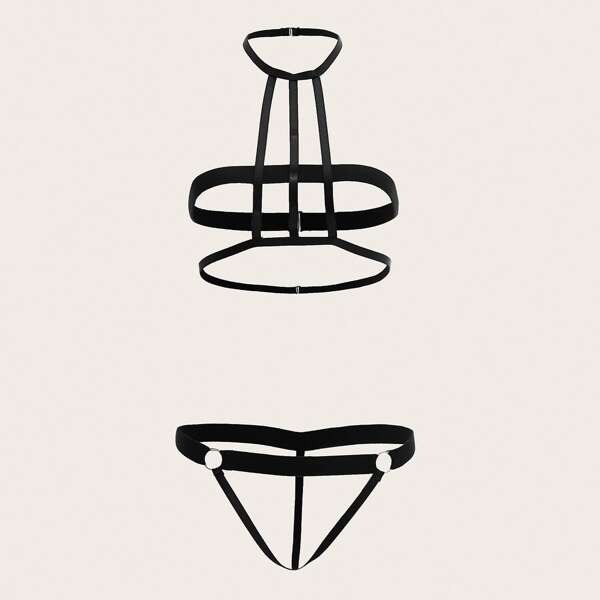 

Cut-out Ring Linked Lingerie Set, Black