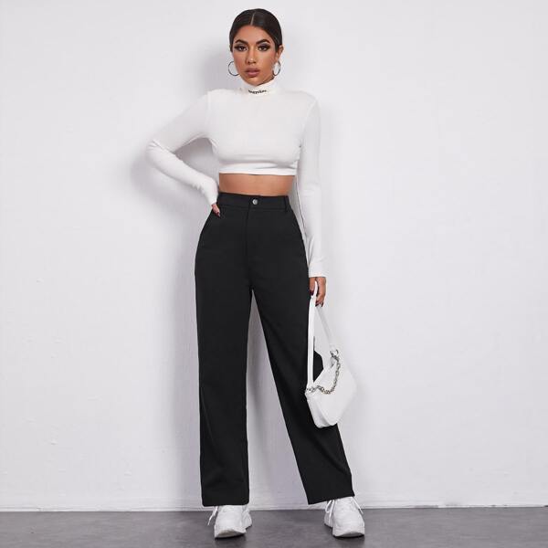 

Solid Button Fly Straight Leg Pants, Black