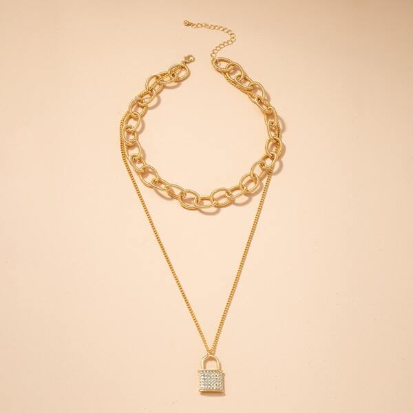 

Lock Pendant Layered Necklace, Gold