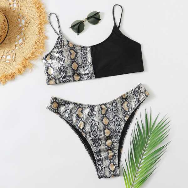 

Plus Snakeskin Print Bikini Swimsuit, Multicolor